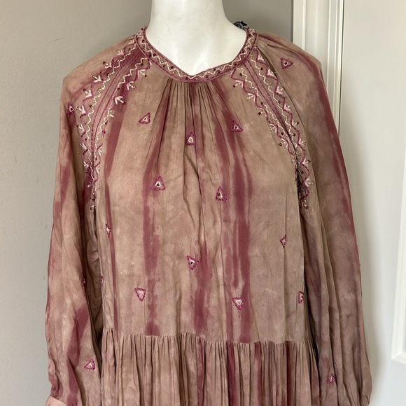 ZARA Embroidered Beaded Tie Dye Dusky Pink Boho Maxi Tiered Dress Sz M NEW - Picture 6 of 15